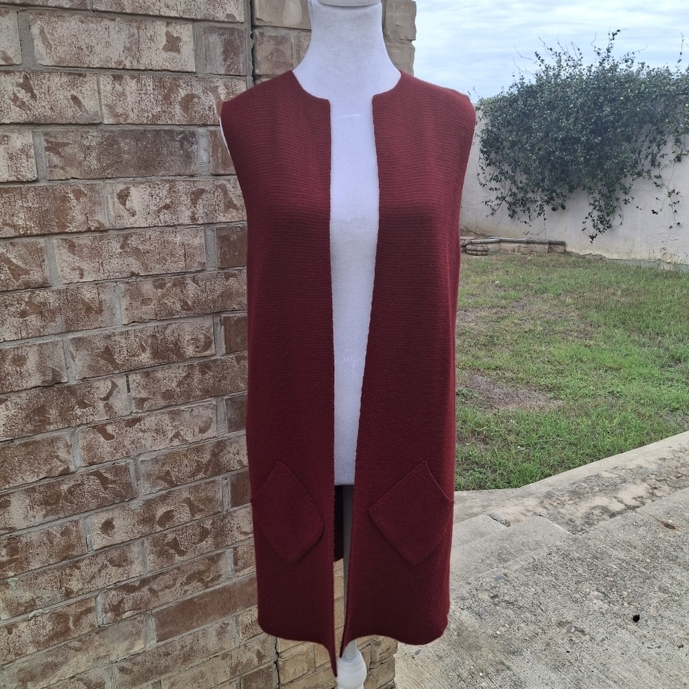 Cocogio Open-Front Sleeveless Pocket Merino Wool Maroon Long Vest Sweater Medium - Picture 4 of 16